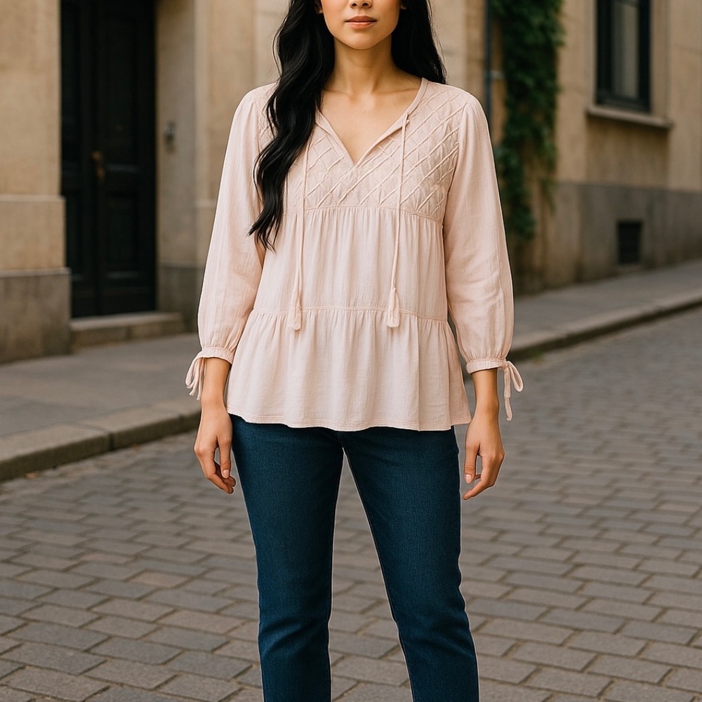 Haute Hippie Tribe Boho Blouse - Light Pink Textured Peasant Top, Size Medium
